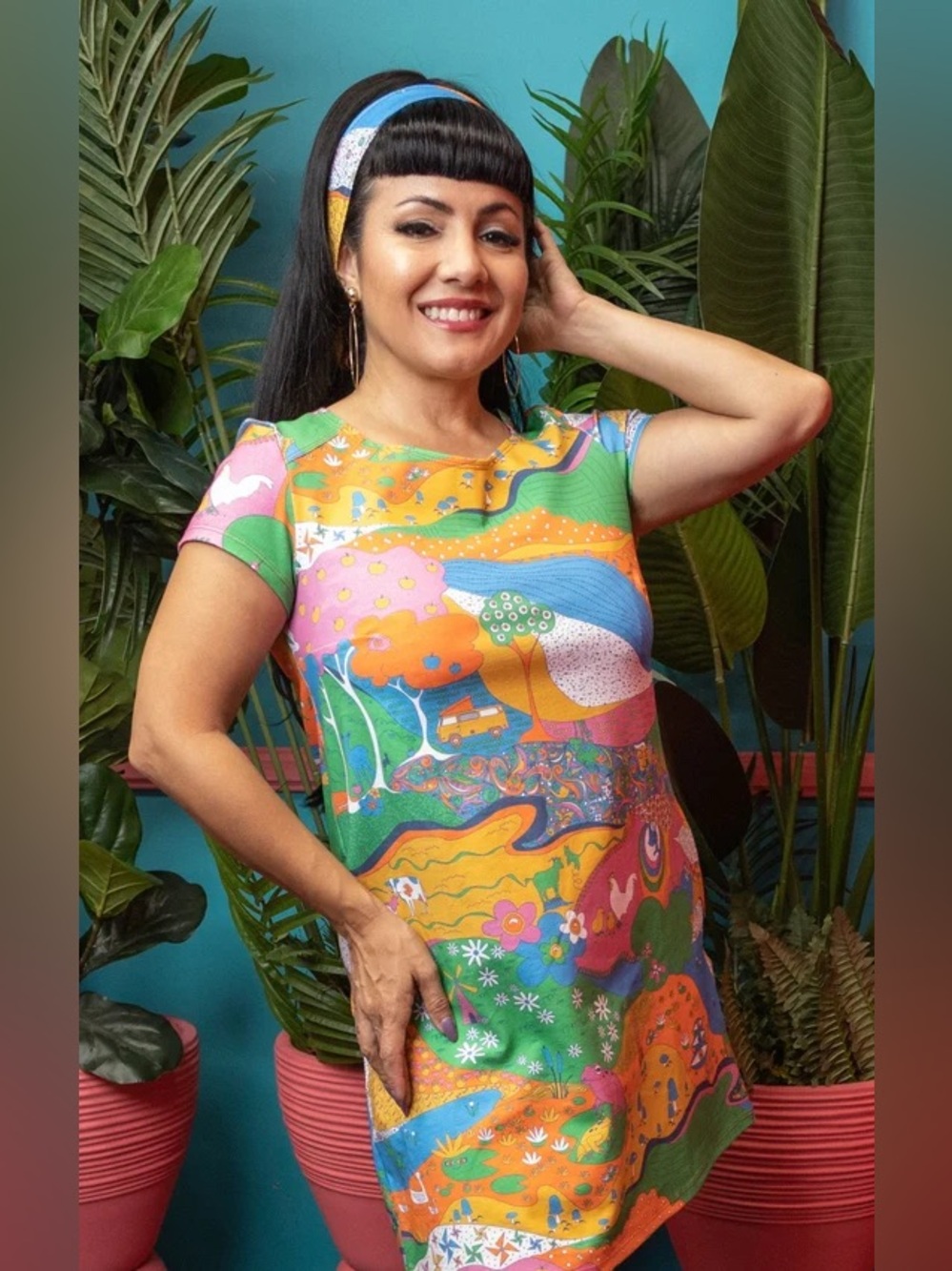 Blue Platypus Landscape Print Tunic Short Sleeve Mini Dress Rainbow Farm XL